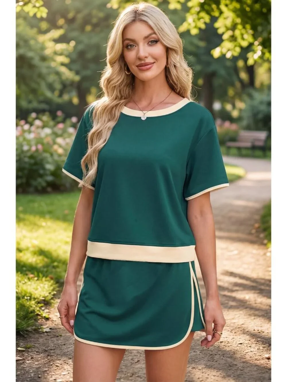 〽️Women's Shorts Set Green Cream Short Sleeve Top Comfort Skort Matching Outfit - Picture 2 of 6
